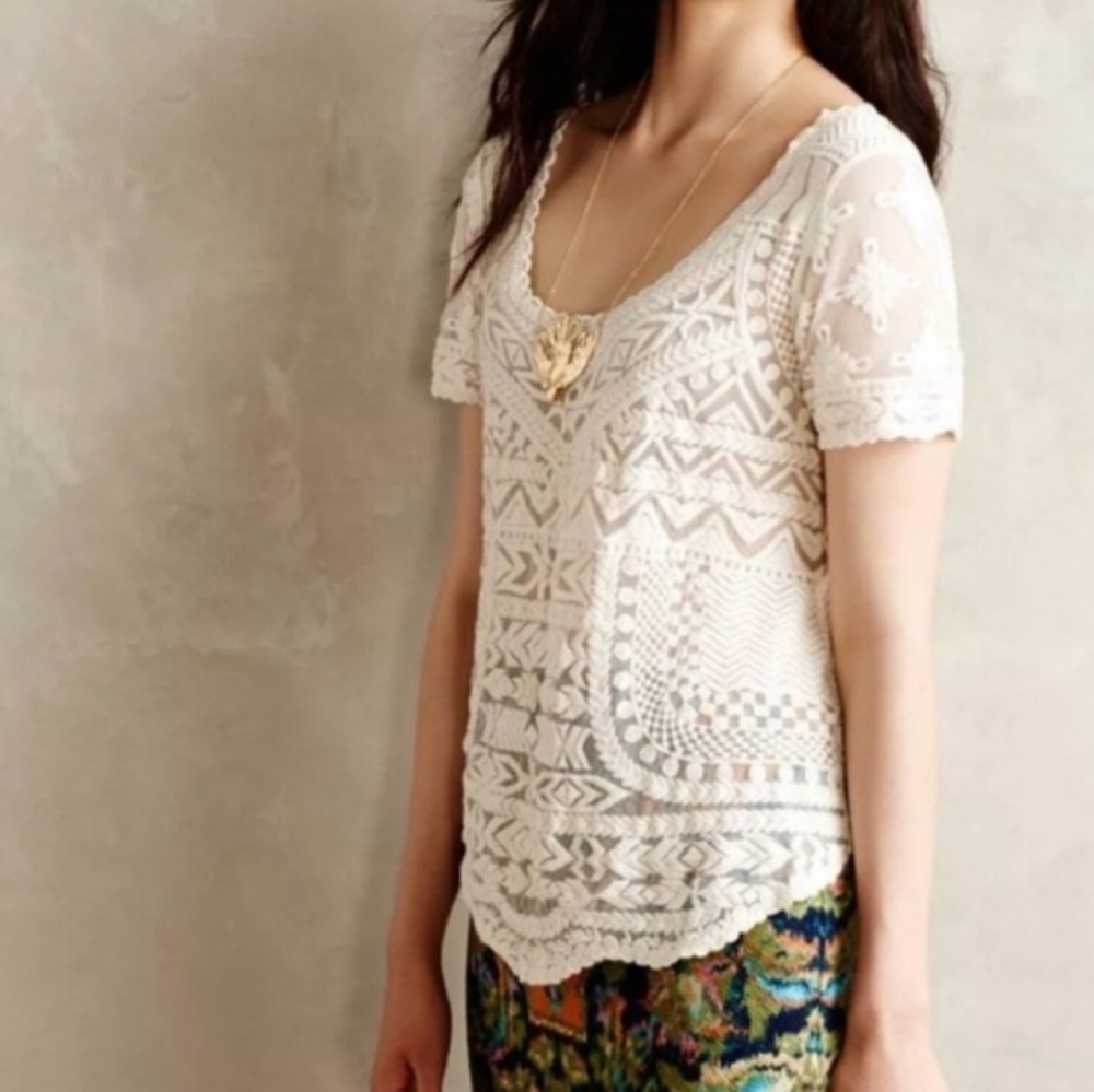Anthropologie White Geometric Blouse